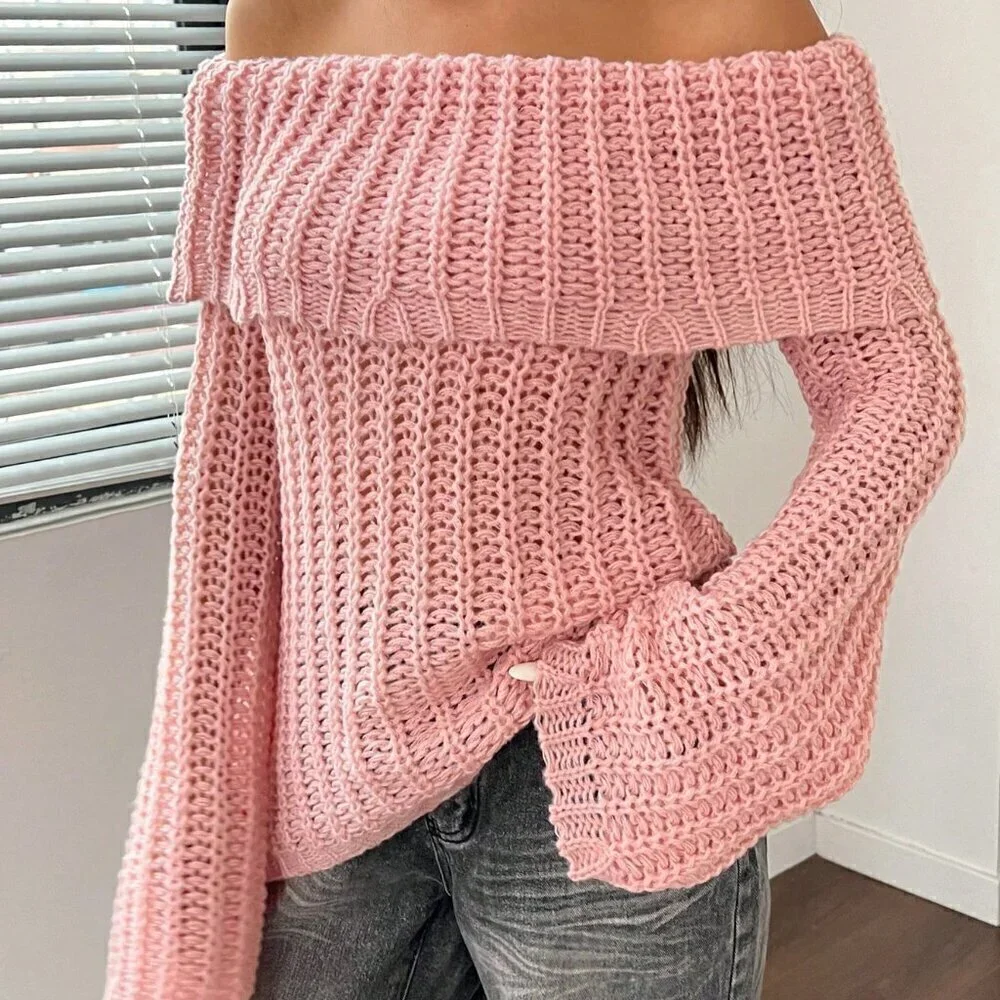 Pink Casual Women's Off-Shoulder Long Sleeve Sweater